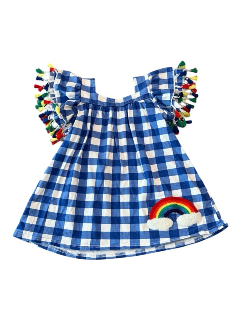 Blue Gingham Rainbow Tassel Sleeve Tunic Shirt
